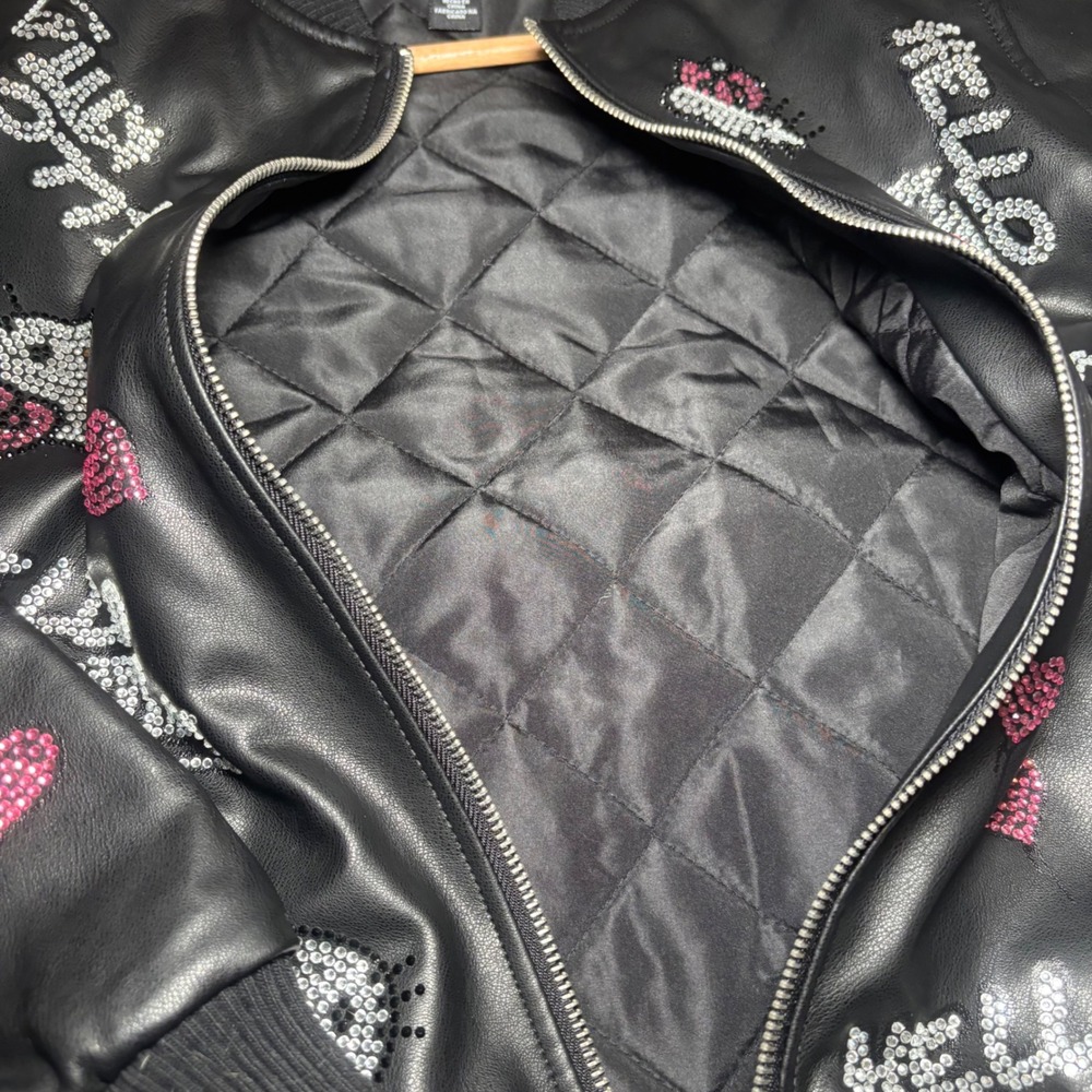 Hello Kitty x Forever 21 Faux Leather Rhinestone Bomber Jacket Black Girls 13/14 - Picture 7 of 8